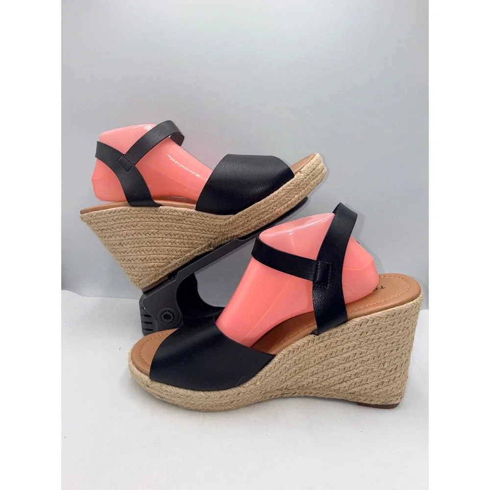 Torrid Wedge Sandals Women 13W Black  Espadrille Raffia Ankle Strap